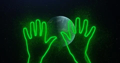 Two hands wave their palm in space among planet earth rotating, stars Stock Illustration