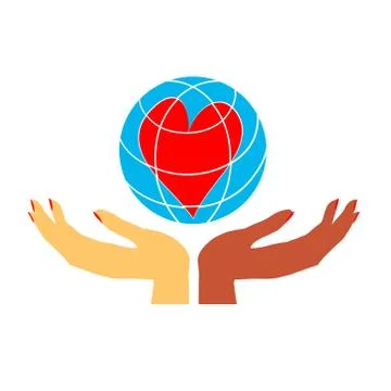 Two hands, women's hands different flowers hold the globe with the heart. Illustrazione stock