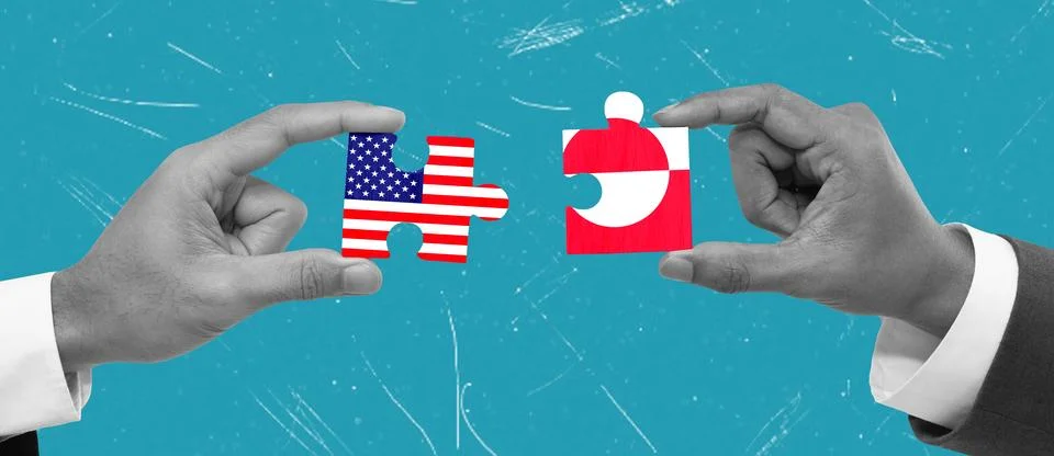 Two hands work together to connect puzzle pieces illustrating the flags of th Stock Photos