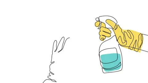 Two hands in yellow gloves holding sprayer and rag, animated illustration Stock Footage 299724527