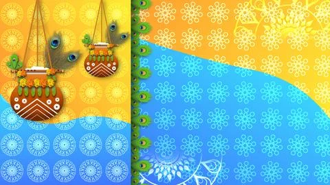 Two hanging dahi handi on colorfull background with traditional patterns an.. Stock Illustration