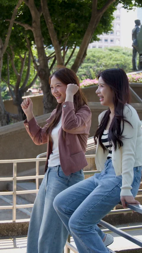 Two Happy Asian Students Talking and Cheering on University Campus Stock Footage 341322774