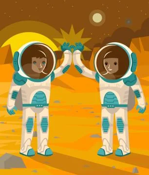 Two happy astronauts doing a high five on mars Stock Illustration