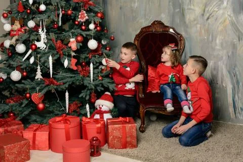 Two happy boys at the festive difference of fir trees look at the gifts 写真素材
