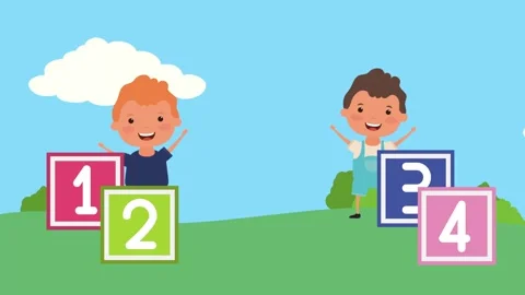 Two happy children playing with numbered blocks on a sunny day in a park. Stock Footage 333721247