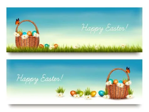 Two Happy Easter banners with easter eggs in a basket. Vector. Stock Illustration
