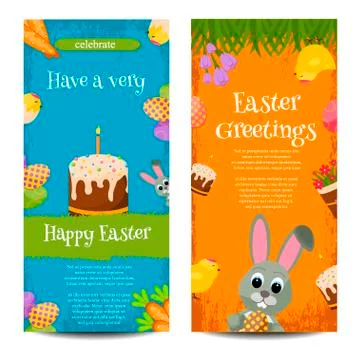 Two Happy Easter banners with eggs and bunny vector illustration Stock Illustration