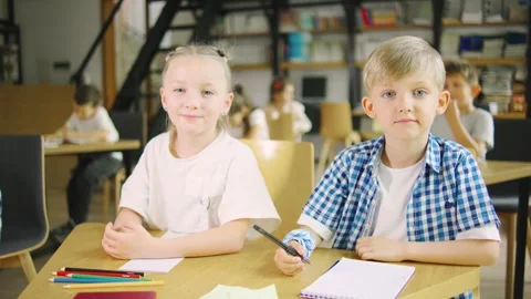 Two happy elementary school classmates, a boy and a girl, sitting at a school Stock Footage 279519044