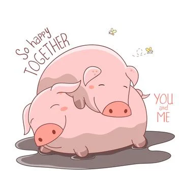 Two happy fat piglets sleeping in mud puddle. Inscription So happy together. Stock Illustration
