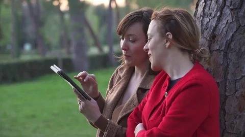 Two happy friends under a tree looking the tablet Stock Footage 74722464