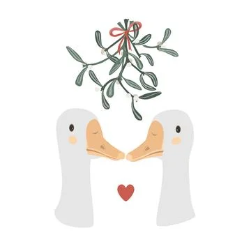 Two happy geese under mistletoe hanging bunch. Christmas kisses concept. Vect Stock Illustration