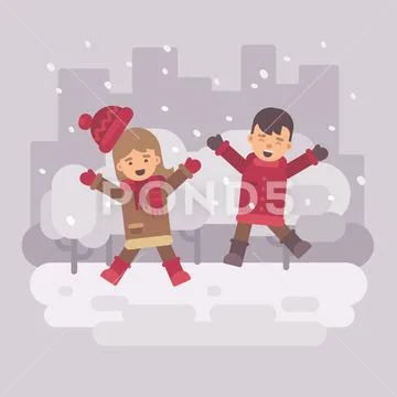 Two happy kids jumping in a snowy winter city Stock Illustration
