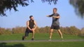 The two happy men stretching outdoor 4k or 4k+ Resolution