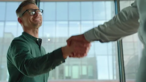 Two happy professional businessmen shaking hands at meeting. Handshake Stock Footage 157375868