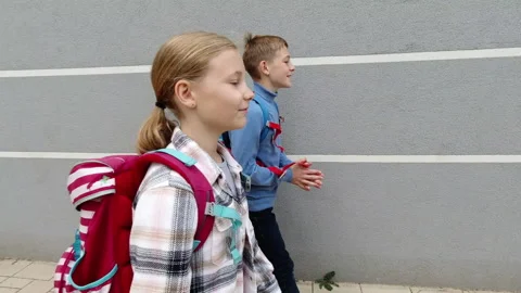 Two happy school children walking and talking after lessons. 4K video Stock Footage 161109372