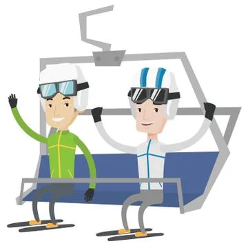 Two happy skiers using cableway at ski resort Stock Illustration