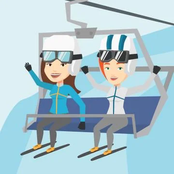 Two happy skiers using cableway at ski resort Stock Illustration