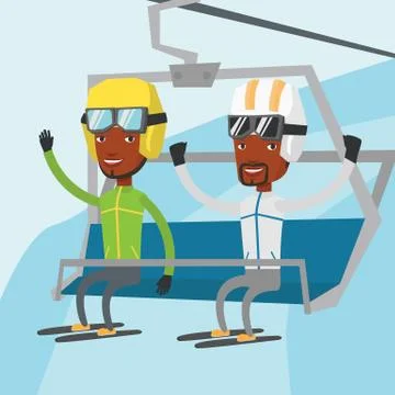 Two happy skiers using cableway at ski resort 库存插图