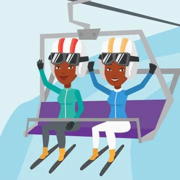 Two happy skiers using cableway at ski resort イラスト素材