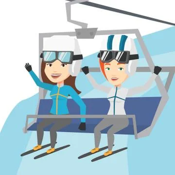 Two happy skiers using cableway at ski resort イラスト素材