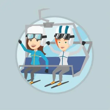 Two happy skiers using cableway at ski resort 库存插图