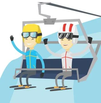 Two happy skiers using cableway at ski resort Stock Illustration