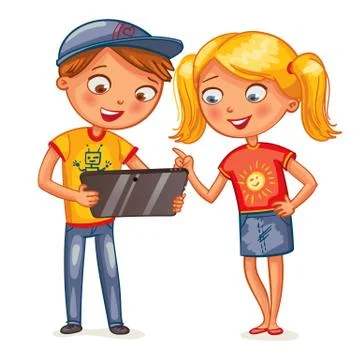 Two happy smiling kids looking at tablet pc computer. Funny cartoon character Stock Illustration
