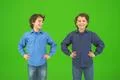 The two happy twin kids gesture on the green background Photo