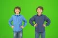 The two happy twin kids gesture on the green background Photo