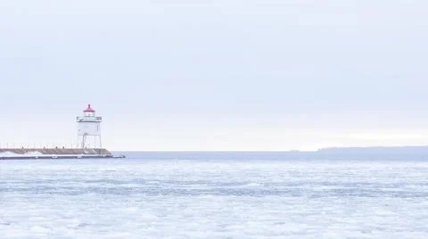 Two Harbors Breakwater Lighthouse Long Lens Sunset Golden Hour Lake Superior Stock Footage 63108674