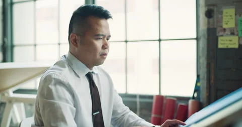 Two hardworking architects work at their drawing tables and make architectural s Stock Footage 199460142