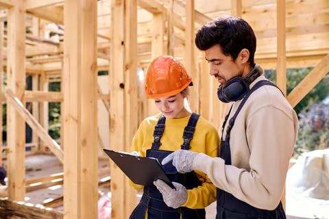Two hardworking engineers dressed in uniform explore construction documentation Fotos de archivo