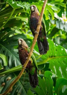 Two Hawk Headed Parrots on a Vine in a Green Lush Jungle. Stock Photos