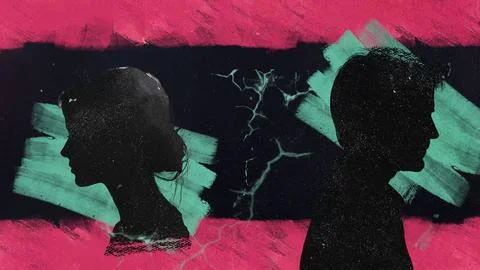 Two Head Profiles Facing Away with Teal Lightning Between Them Stock Illustration