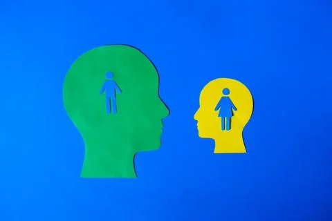 Two head silhouettes with gender figure cutouts inside, on a blue background. Stock Photos