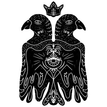 Two-headed bird in a crown and with a mystical fantasy eye. Linocut style ele Stock Illustration