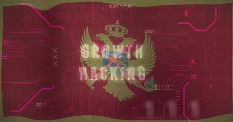 Two-headed eagle crest and shield glowing in digital interface, with magenta Stock Illustration