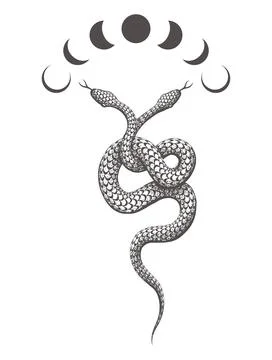Two Headed Snake and Phases of Moon Esoteric Tattoo Isolated on White Stock Illustration