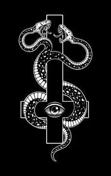A two-headed snake wraps around an inverted cross Stock-Illustration