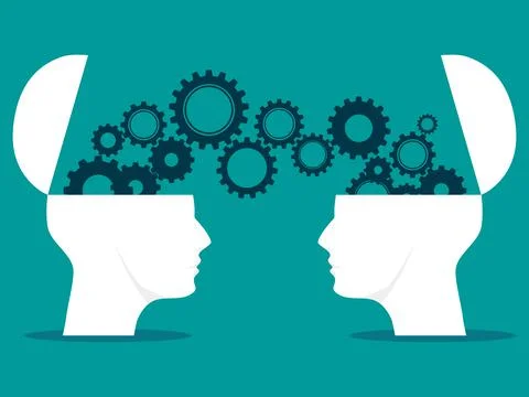 Two heads and gears. sharing ideas between two heads. brainstorming vector Stock Illustration