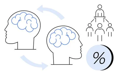 Two heads with brain outlines connected by arrows, hierarchical chart with le Stock Illustration