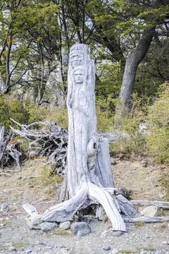 Two heads carved in a tree trunk on Brazo Rico lakeshore, Perito Moreno Glaci Stock Photos