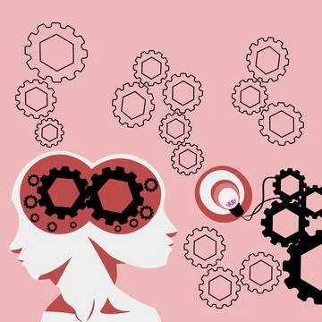 Two Heads With Cogs Showing Technology Ideas. Gears In Brain Symbols Design Illustrazione stock