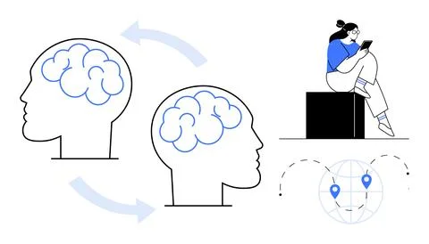 Two heads connected by arrows indicating knowledge transfer, person using tab 스톡 일러스트