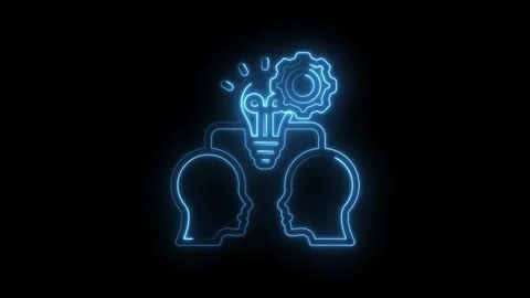 Two heads connected by a glowing lightbulb and gear symbol representing shared Stock Footage 333962547