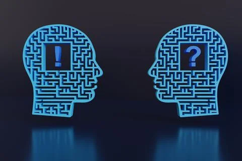 Two heads facing each other with question and exclamation marks . 3d illustra 库存插图