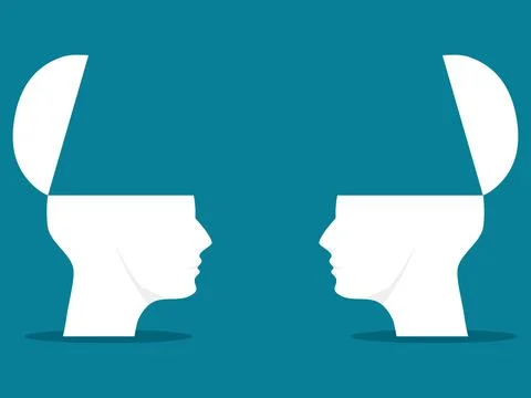 Two heads. Sharing ideas between two heads. brainstorming vector Stock Illustration