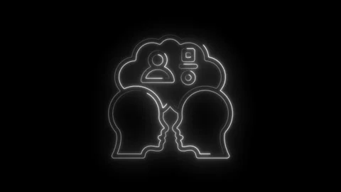 Two Heads Silhouette Facing Each Other With Thought Cloud And User Icons Glowing Stock Footage 333959833