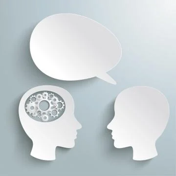 Two heads speech bubble gears piad Stock Illustration
