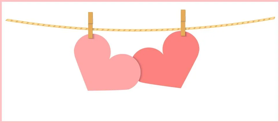 Two heart shape pink papers on string isolated Stock Illustration